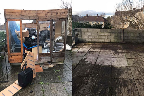 Before and after: a packed shed cleared to a clean patio